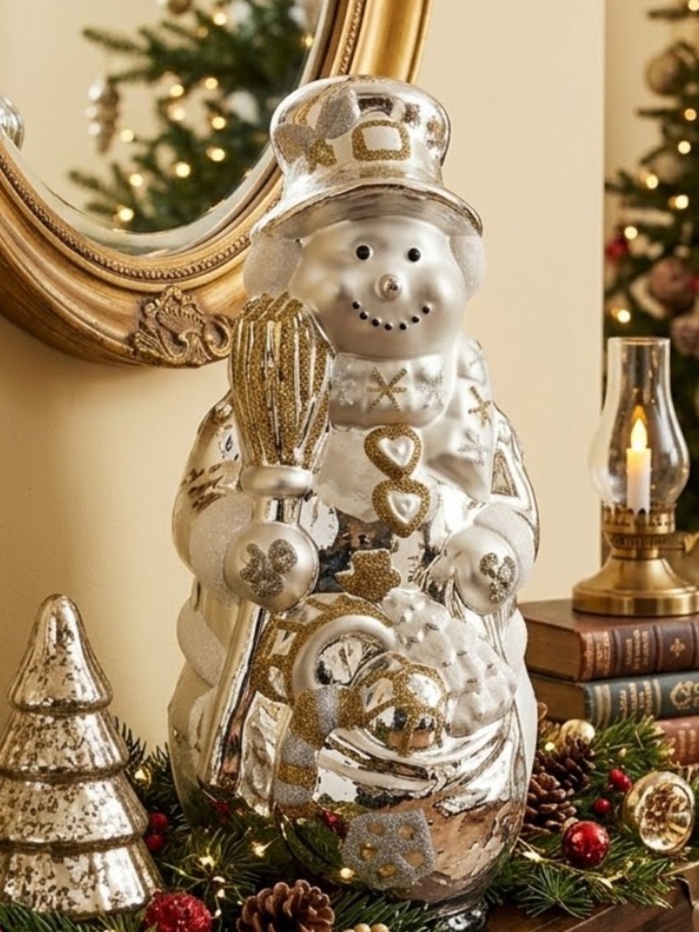 Large 17” Traditions Handpainted Blown Glass Snowman - Silver & Gold with box